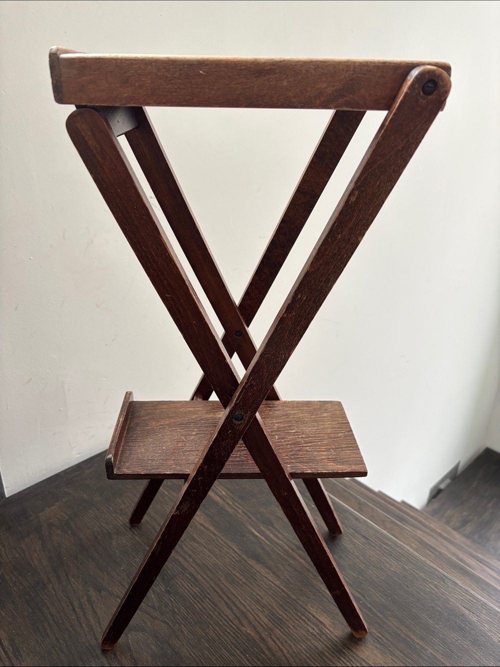 Vintage Nasco Yugoslavia stand, collapsible, 2 trays, beechwood?, 25” tall, MCM